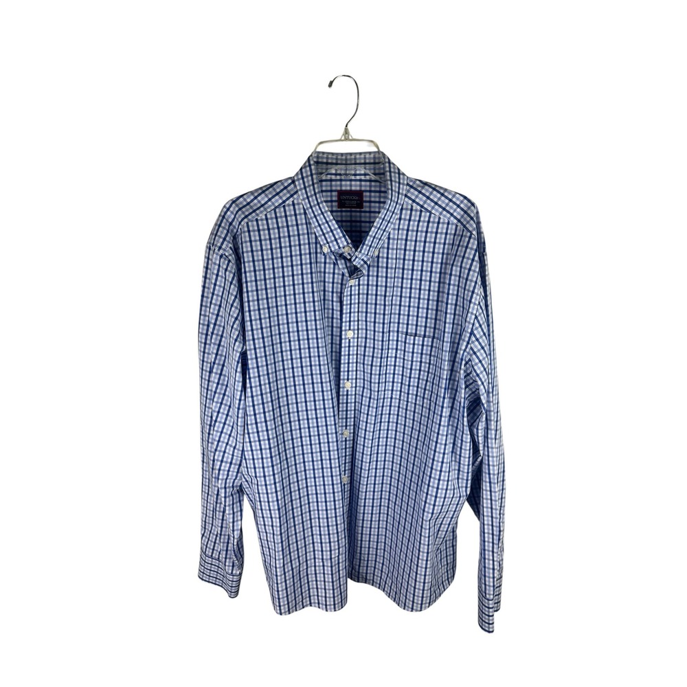 UNTUCKit Mens 3XL Blue White Gingham Plaid Cotton Button Down Shirt Long Sleeve
